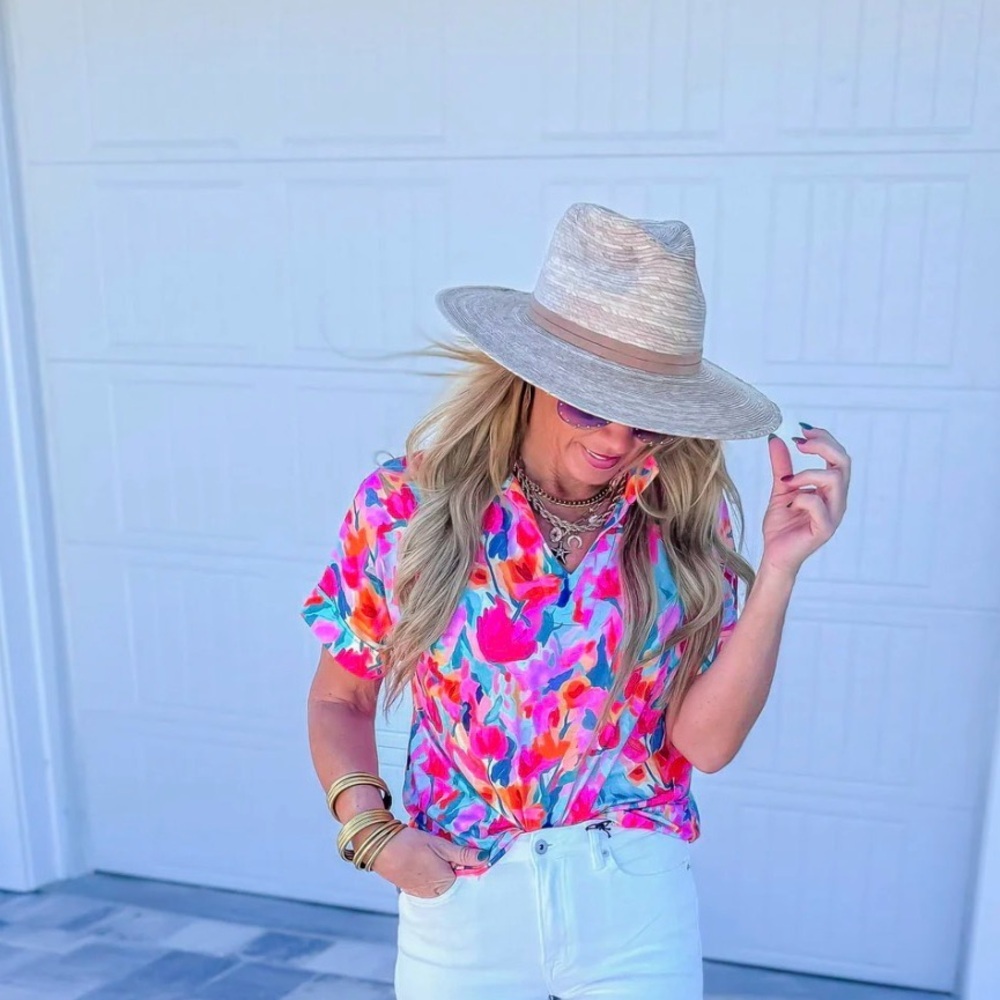 Salty Wave Vibrant Floral Short Sleeve Blouse
